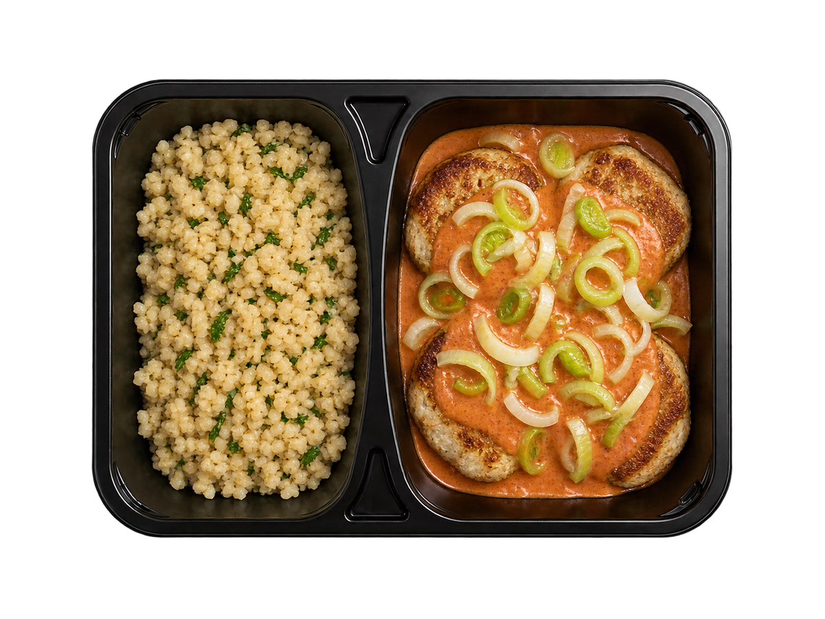 Fiskefrikadeller med bulgur i cremet tomatsauce og porre – Frost