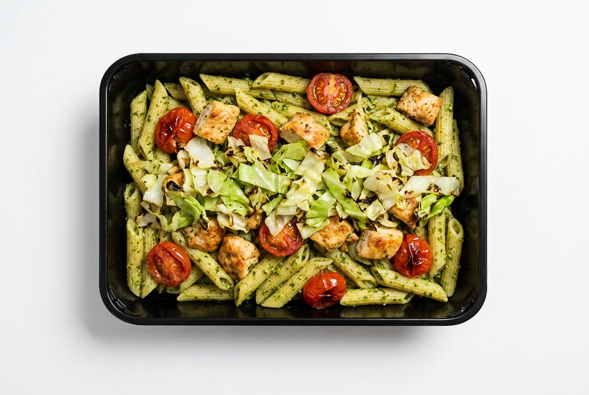 Kylling med penne i krydderurtepesto og sommergrønt – Frost
