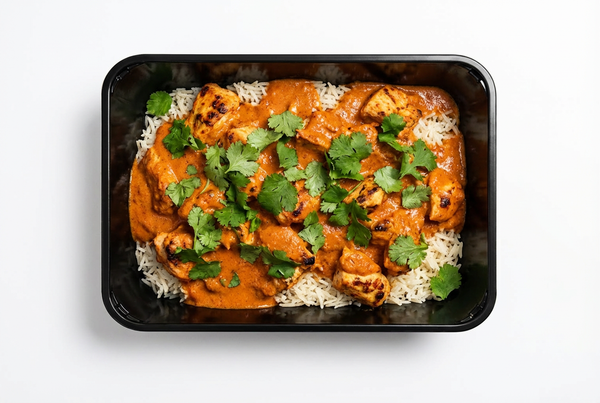 Chicken tikka masala med frisk grønt og basmatiris