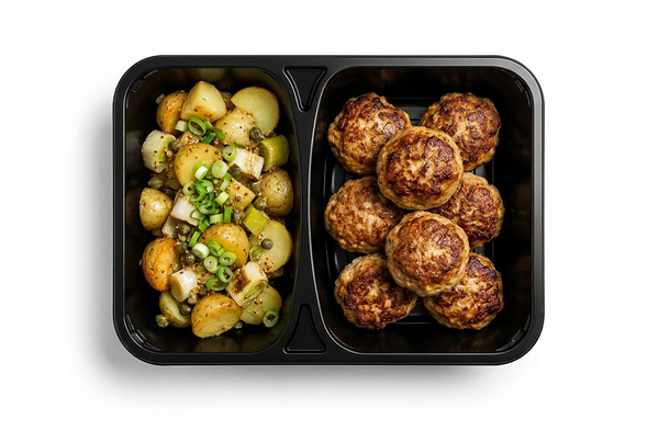 Frikadeller med råstegte kartofler, bagte porrer og sennepsvinaigrette
