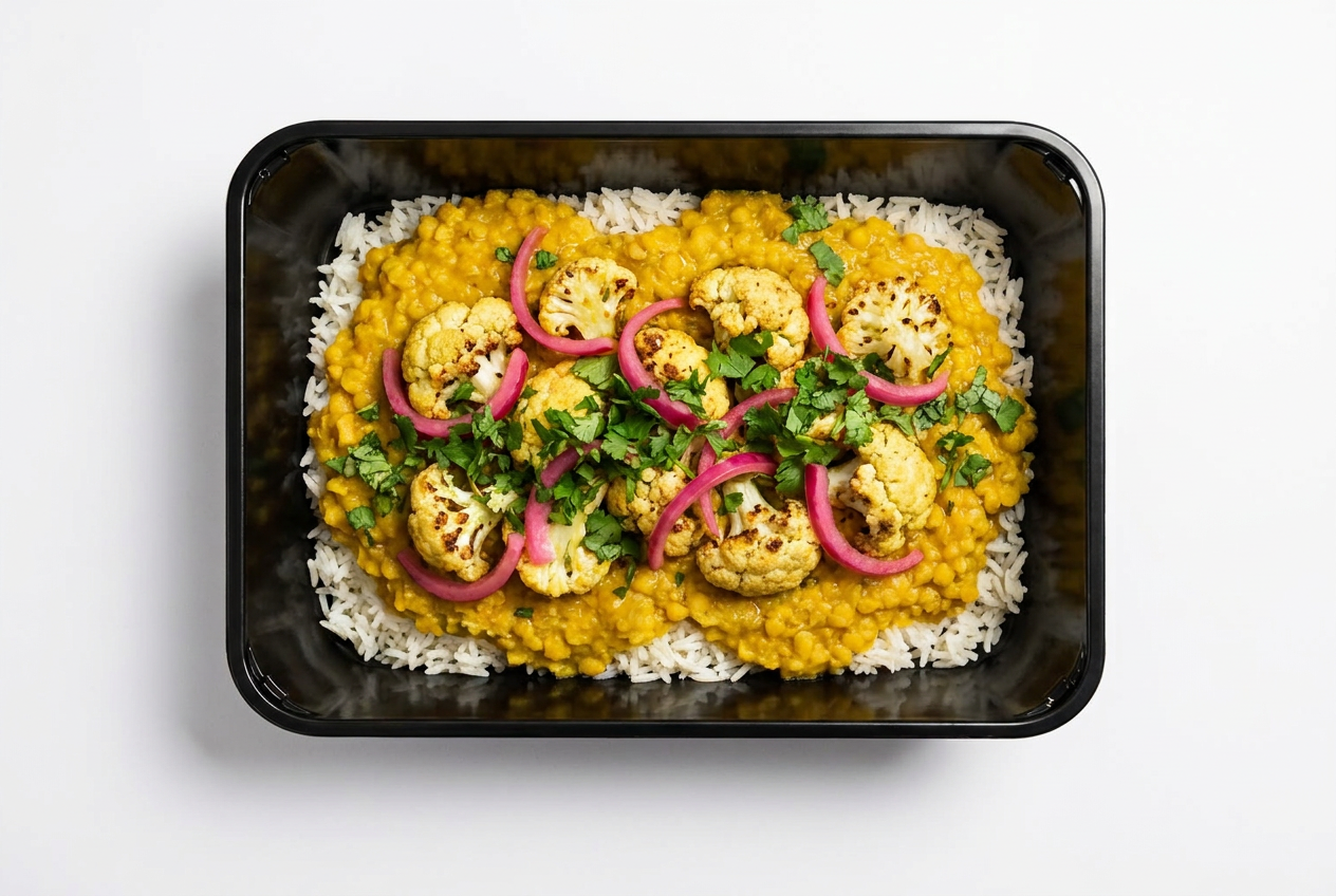 Gul dhal med jasminris, bagt blomkål og syltede rødløg