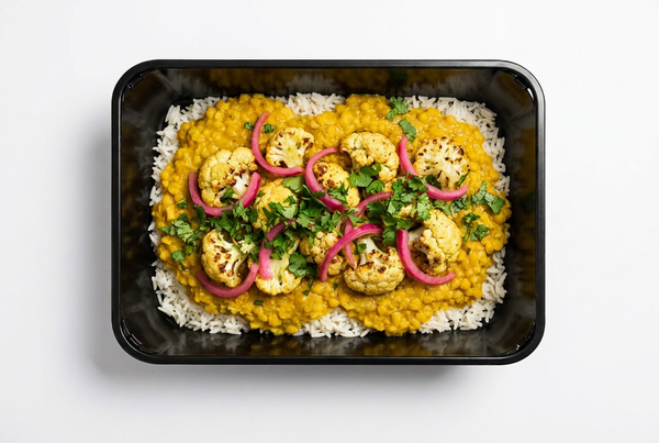 Gul dhal med jasminris, bagt blomkål og syltede rødløg