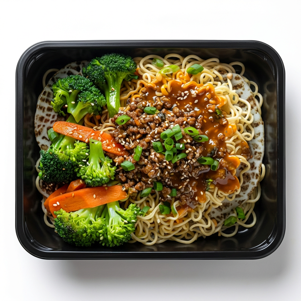 Koreansk oksekød med nudler, broccoli og gulerod