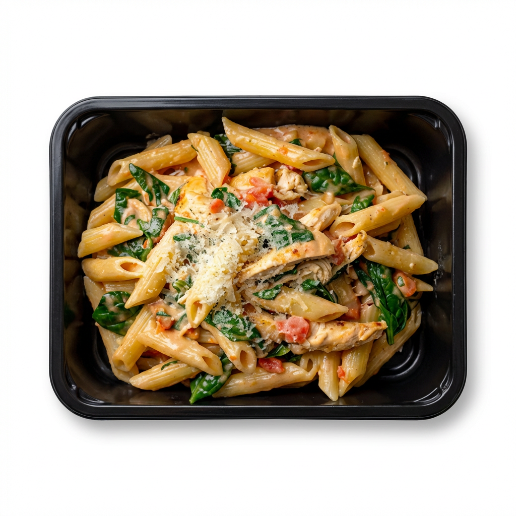 Kylling i cremet tomatsauce med spinat, penne og parmesan