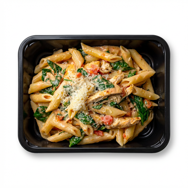 Kylling i cremet tomatsauce med spinat, penne og parmesan