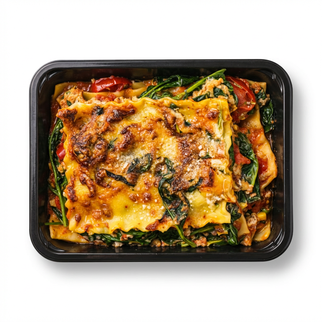 Spinat-ricotta lasagne med cremet ost, urter og tomat