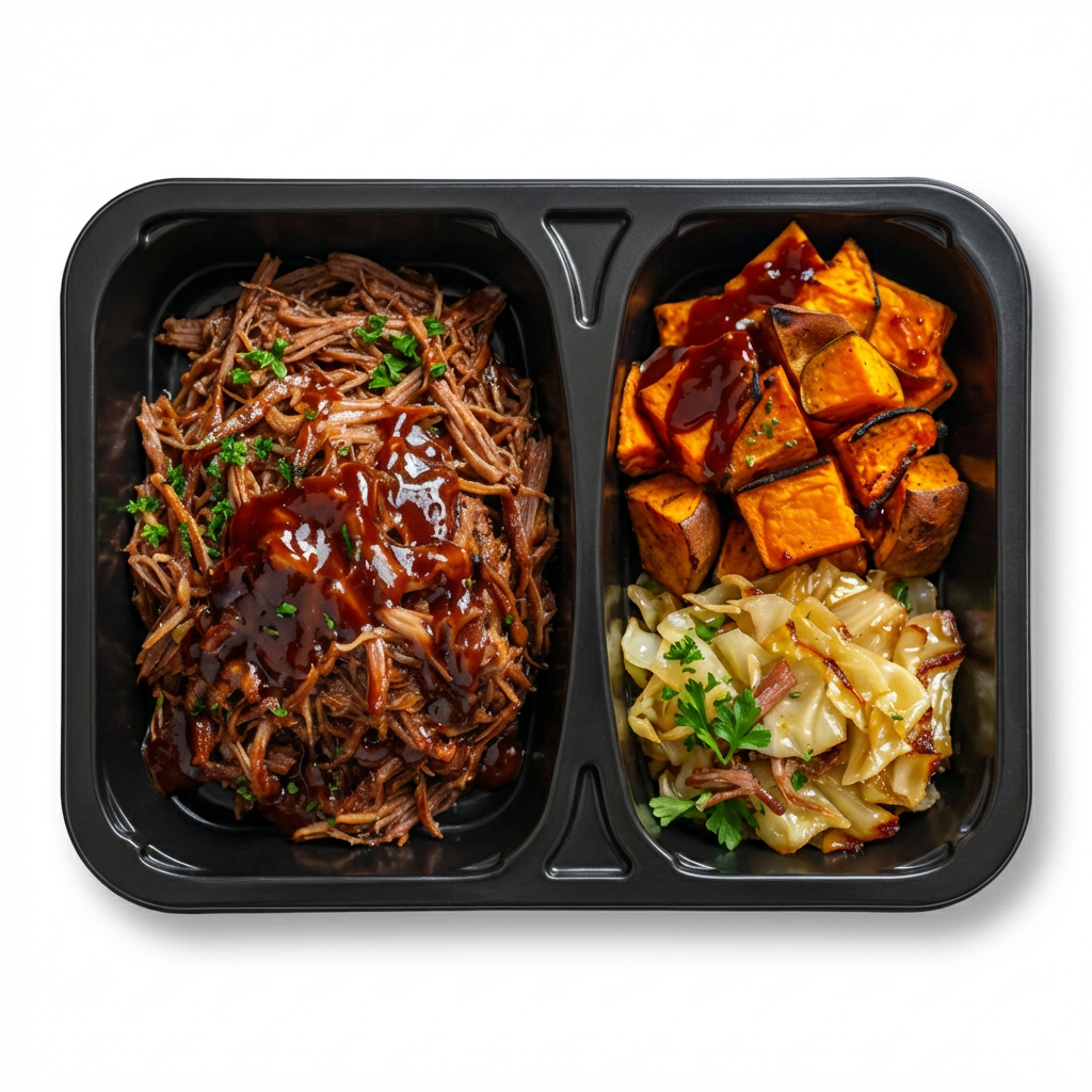 Sticky BBQ pulled pork med søde kartofler og sauteret spidskål