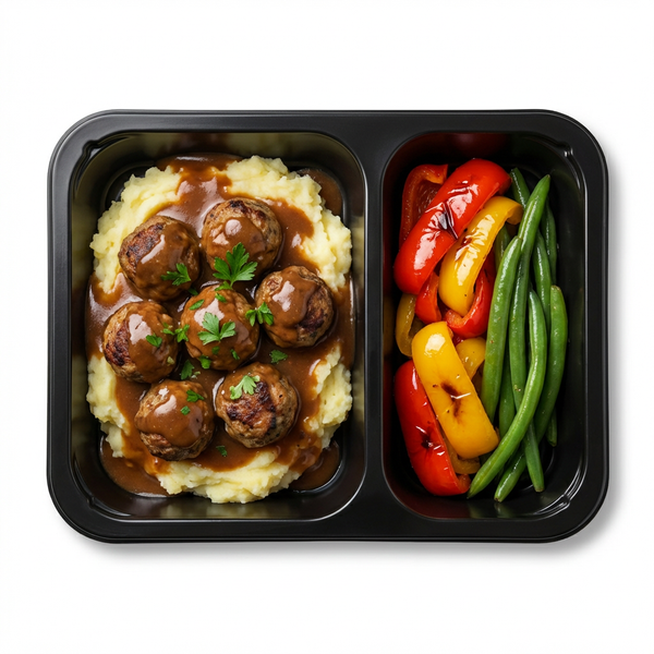 Svenske kødboller med knust kartoffel, sprød grønt og gravy sauce