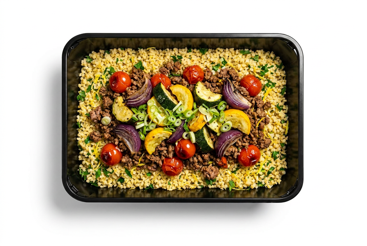 Krydret oksekød med citron- og persillebulgur, bagt squash og rødløg – Frost