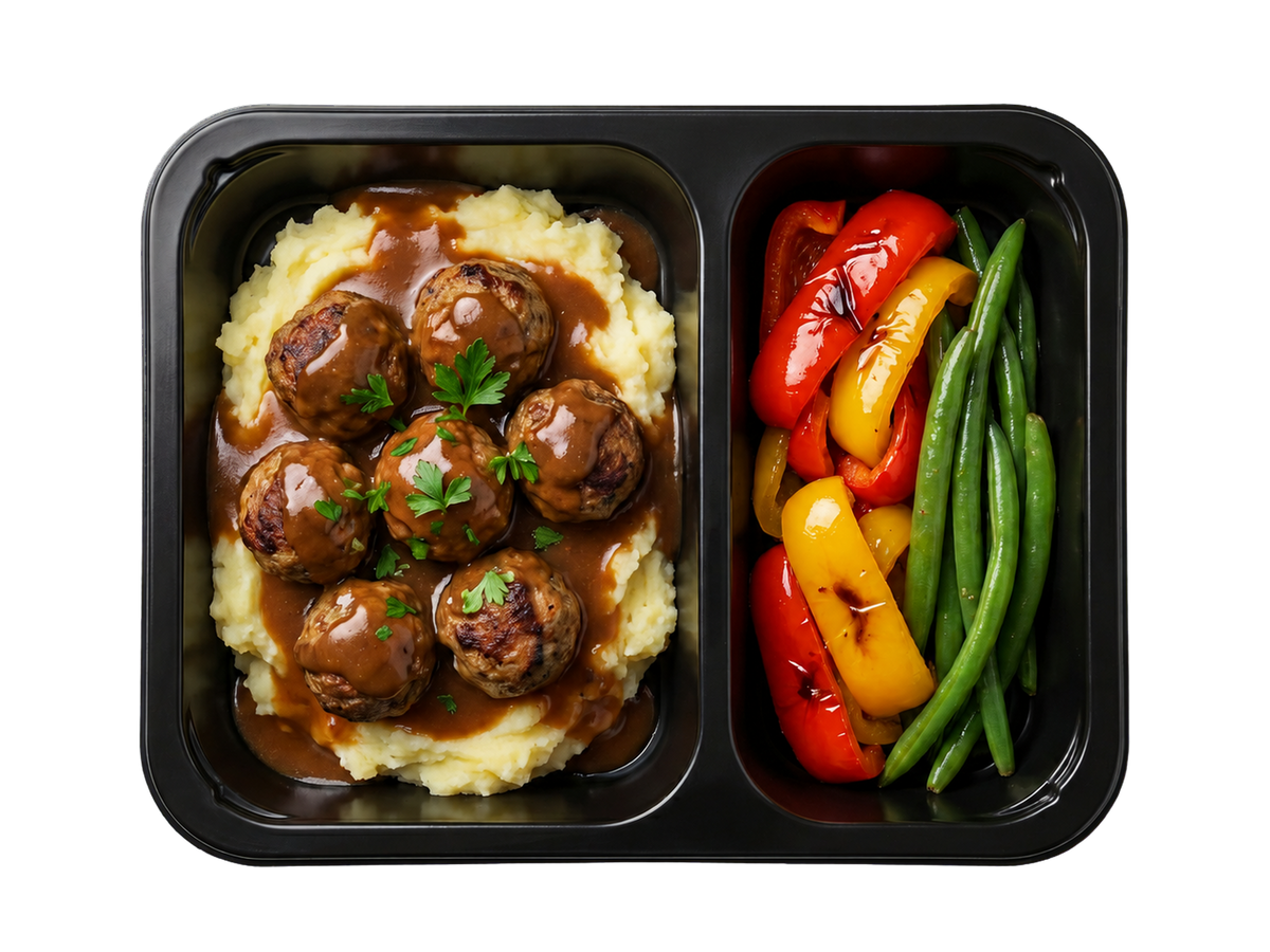 Svenske kødboller med knuste kartofler, sprødt grønt og gravysauce – Frost