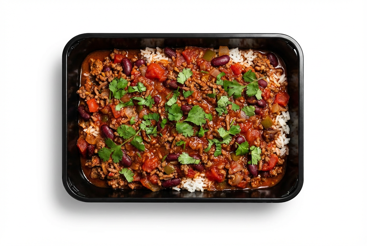 Chili con carne i fyldig tomatsauce med ris og koriander – Frost
