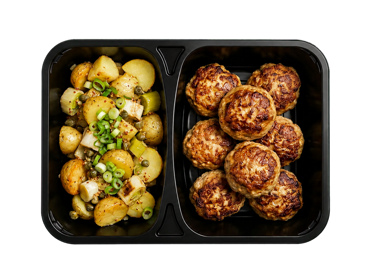 Frikadeller med råstegte kartofler, bagte porrer og sennepsvinaigrette.
