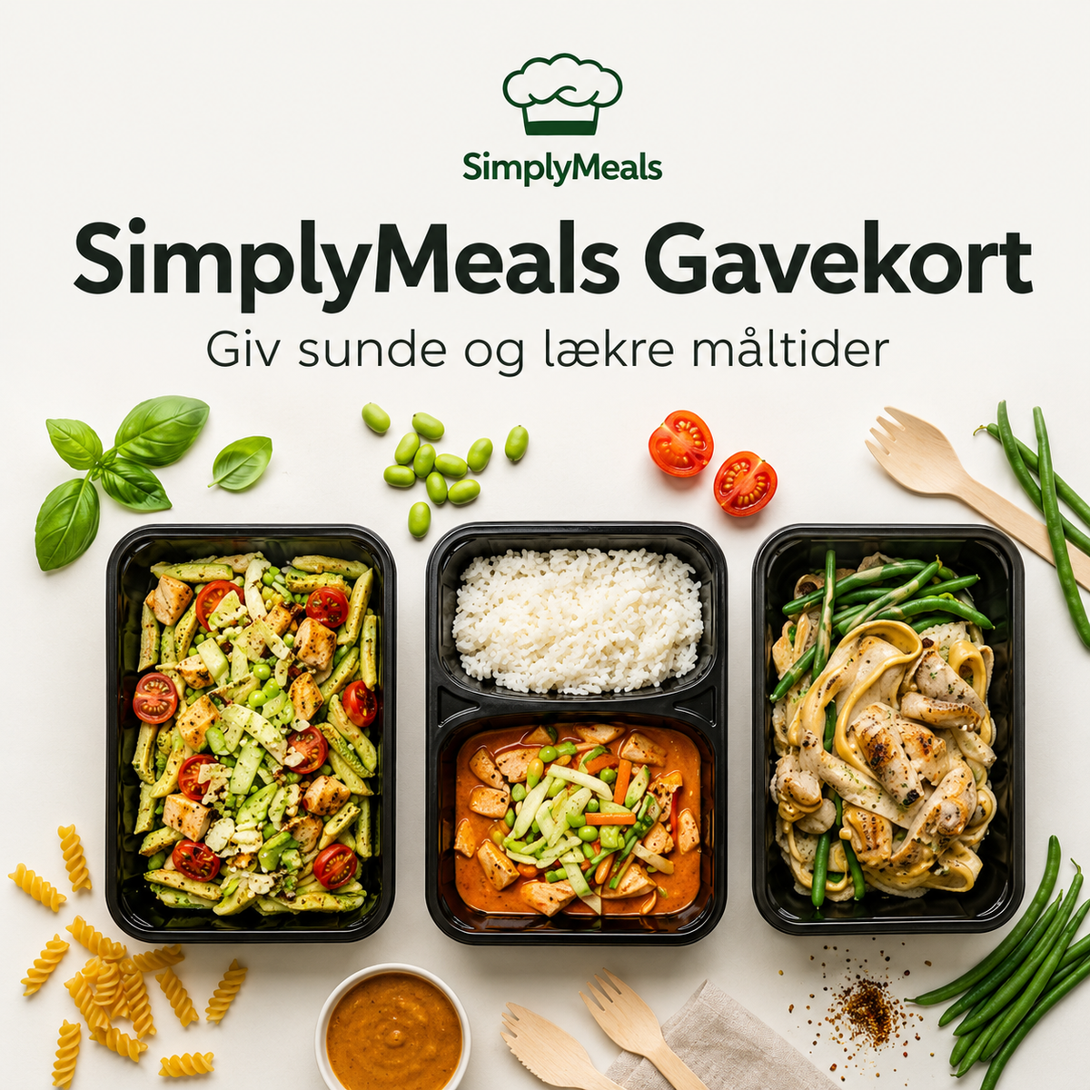 SimplyMeals gavekort med tre færdiglavede måltider, ris, grøntsager og friske råvarer.